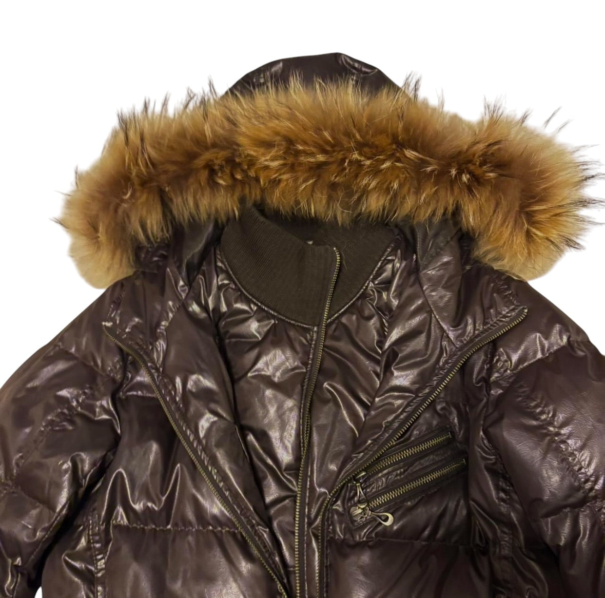 Nicole Club brown raccoon fur hood long down jacket