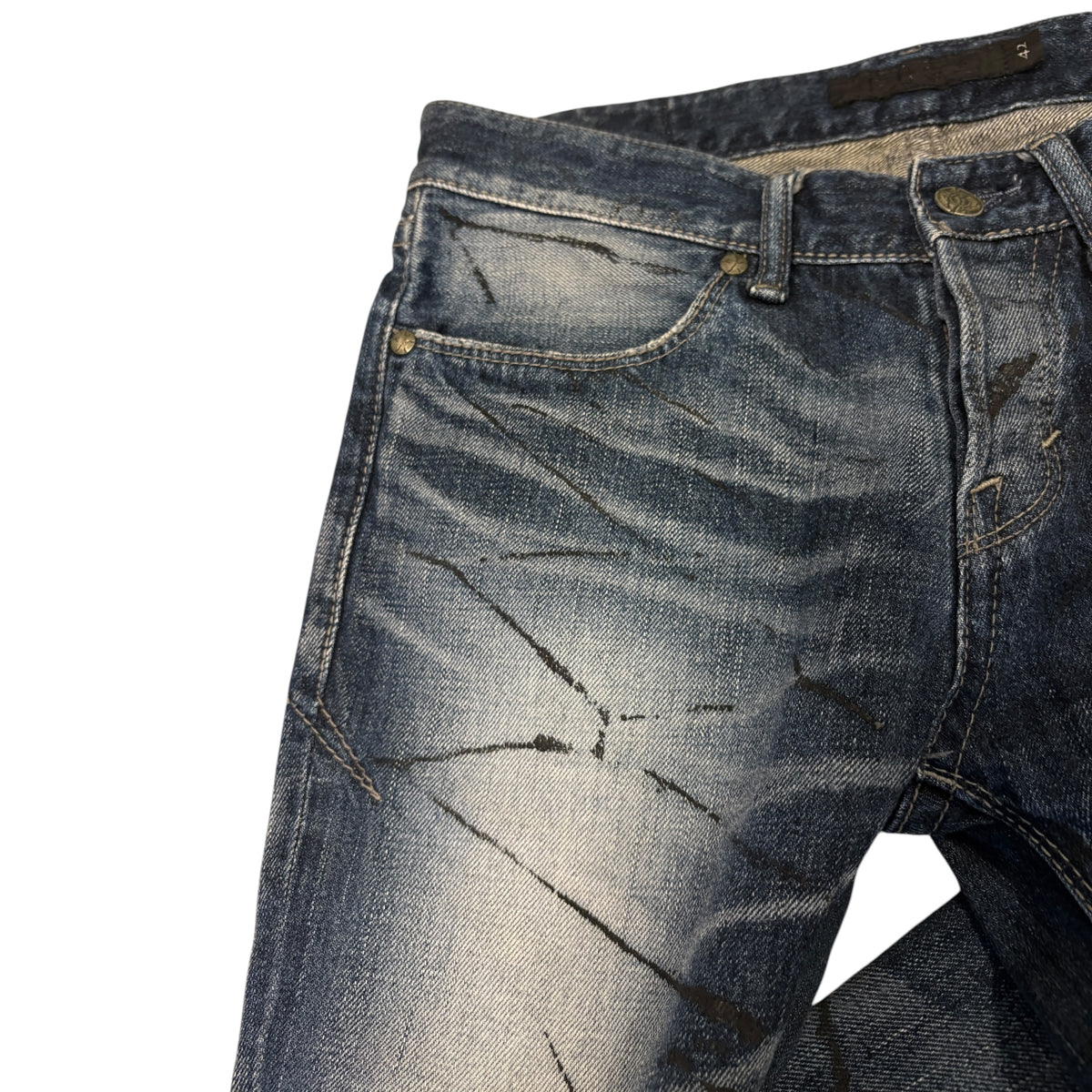 Fuga blue fade wash bootcut denim jeans w/ black claw mark streaking