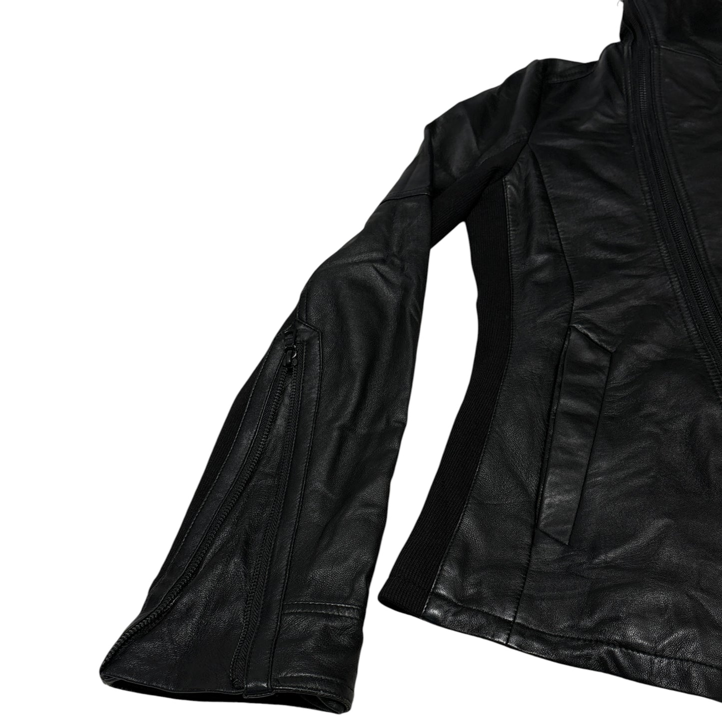 No ID 11AW asymmetric lambskin leather jacket w cotton ribbing & high neck, RRP £500