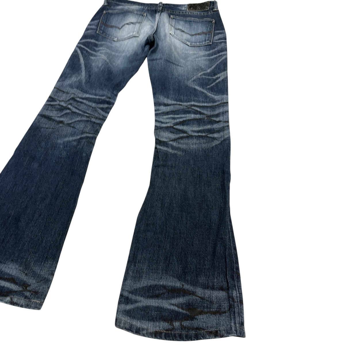 Fuga blue fade wash bootcut denim jeans w/ black claw mark streaking