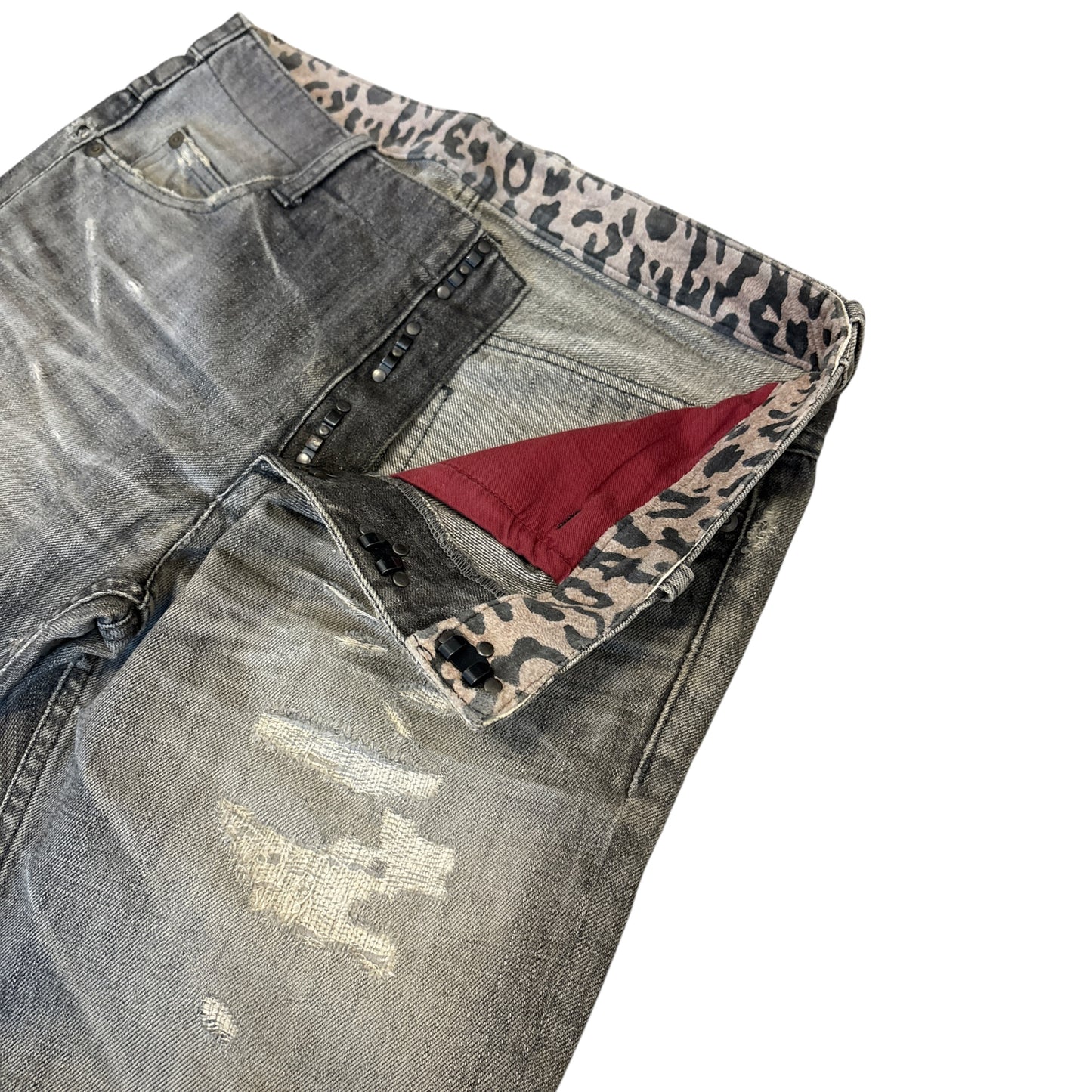 Isamu Katayama Backlash grey whiskered leopard print bootcut denim jeans