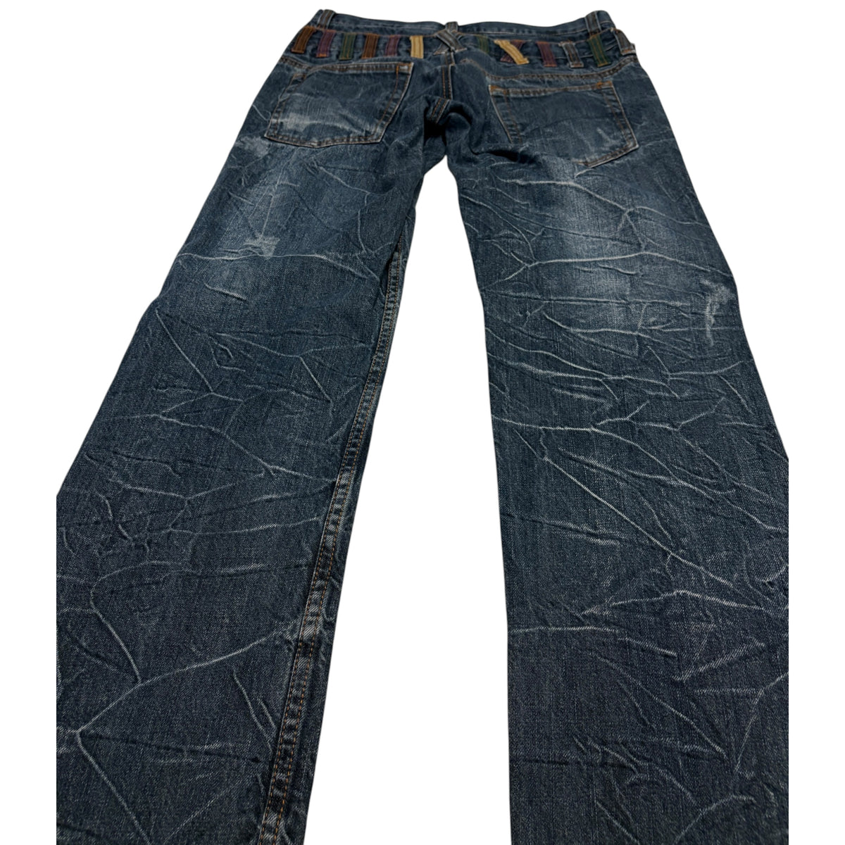 Japanese brand double waist honeycomb wash streaked denim jeans w/ multicolour belt loops