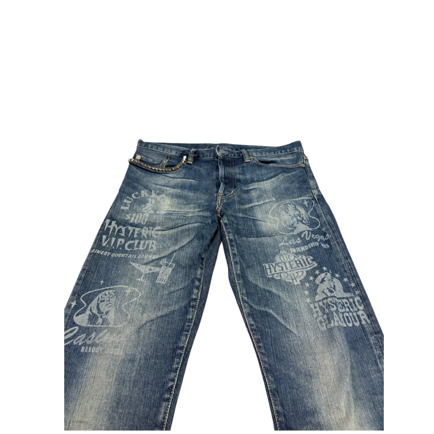 Hysteric Glamour 'V.I.P Club' fade wash studded pocket denim jeans