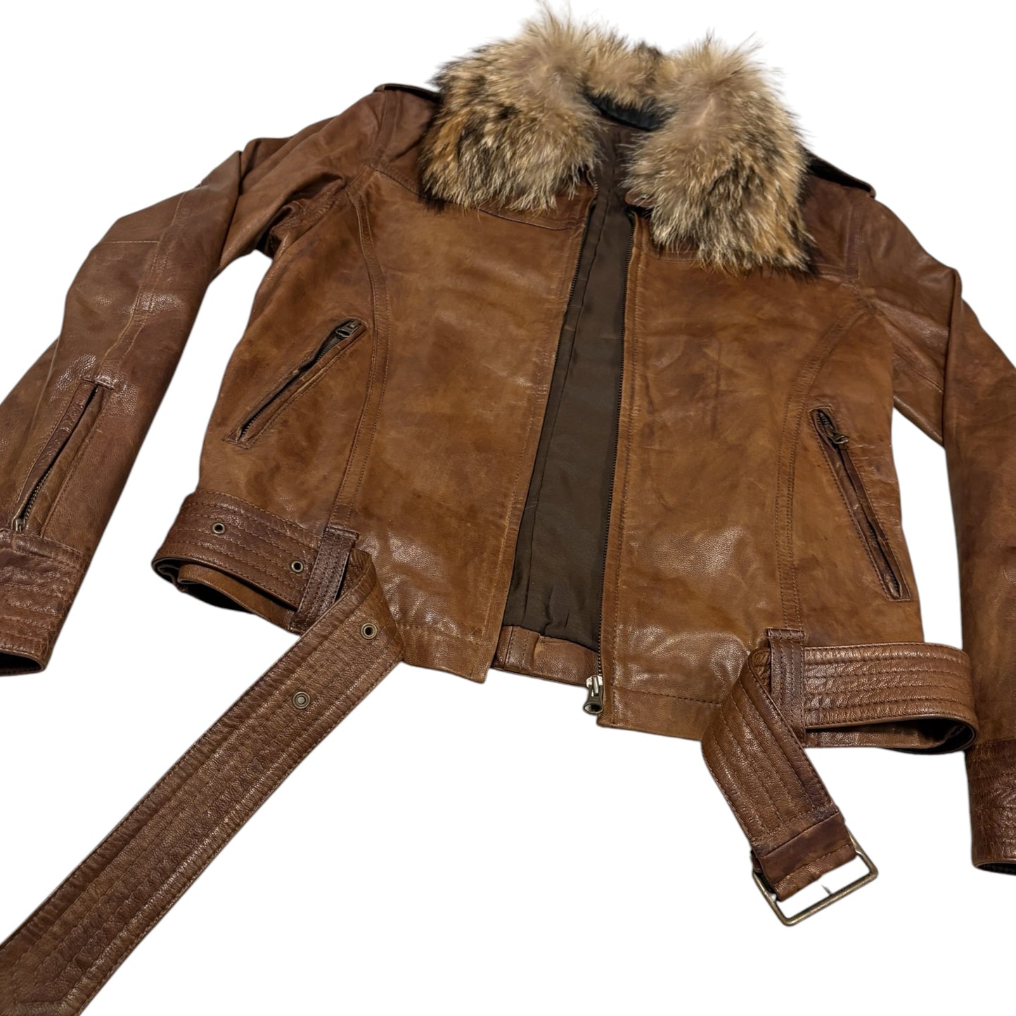 Tete Homme brown goat leather jacket w zips & removable belt & raccoon fur collar