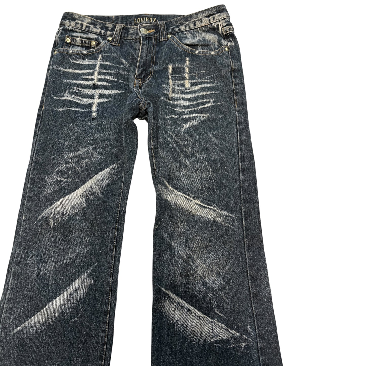 Lowbox streaked painted navy bootcut denim jeans