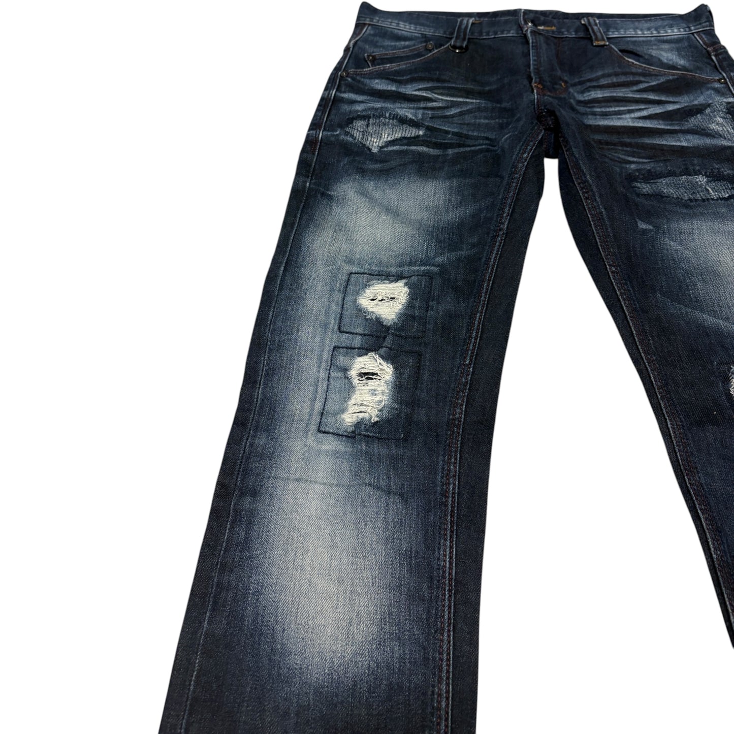 Nicole Club distressed repaired patches dark blue denim jeans