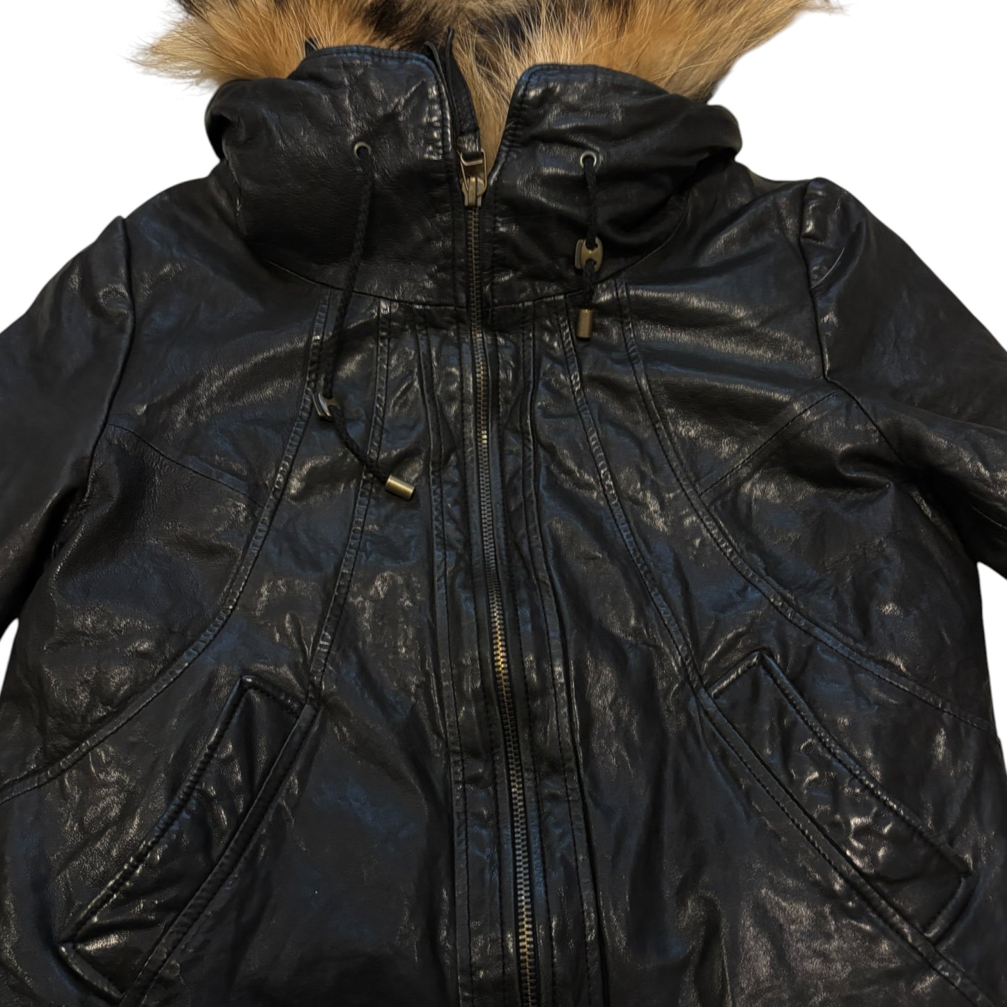 Goa black lambskin leather flight jacket w/ raccoon fur hood