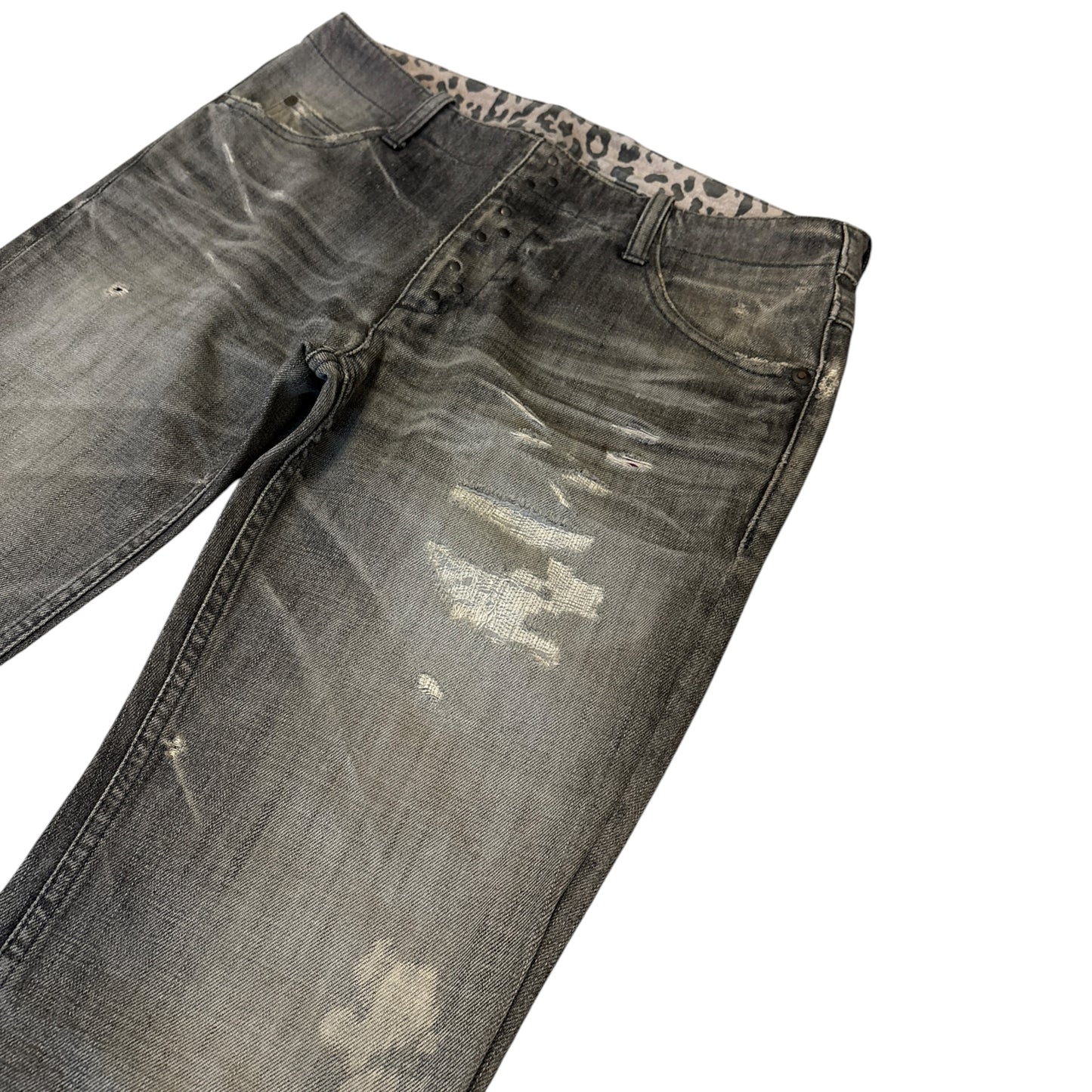 Isamu Katayama Backlash grey whiskered leopard print bootcut denim jeans