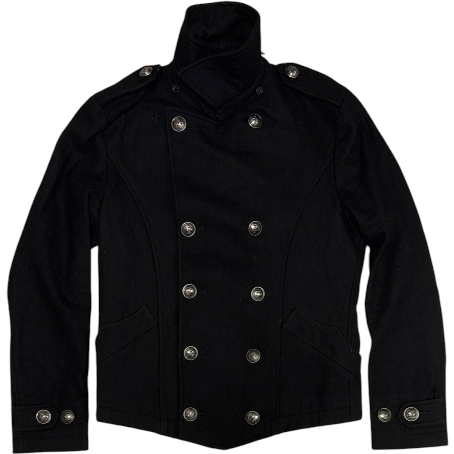 PPFM double breasted napoleon pea coat w/ raccoon fur trim
