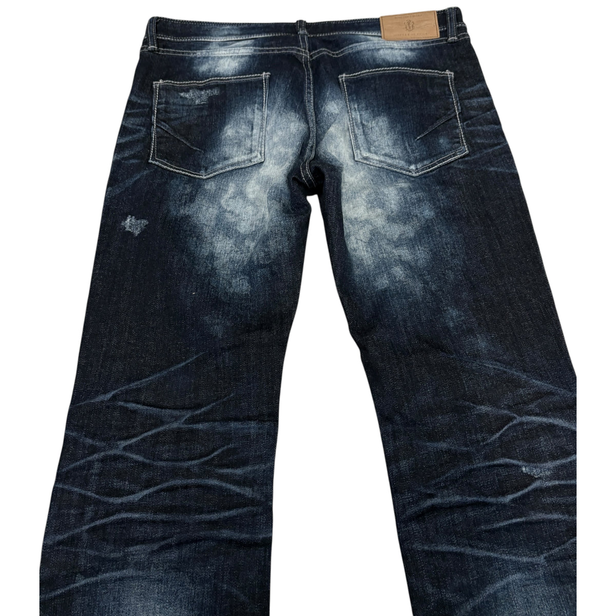 Fuga distressed blue gradient fade wash whiskered denim jeans