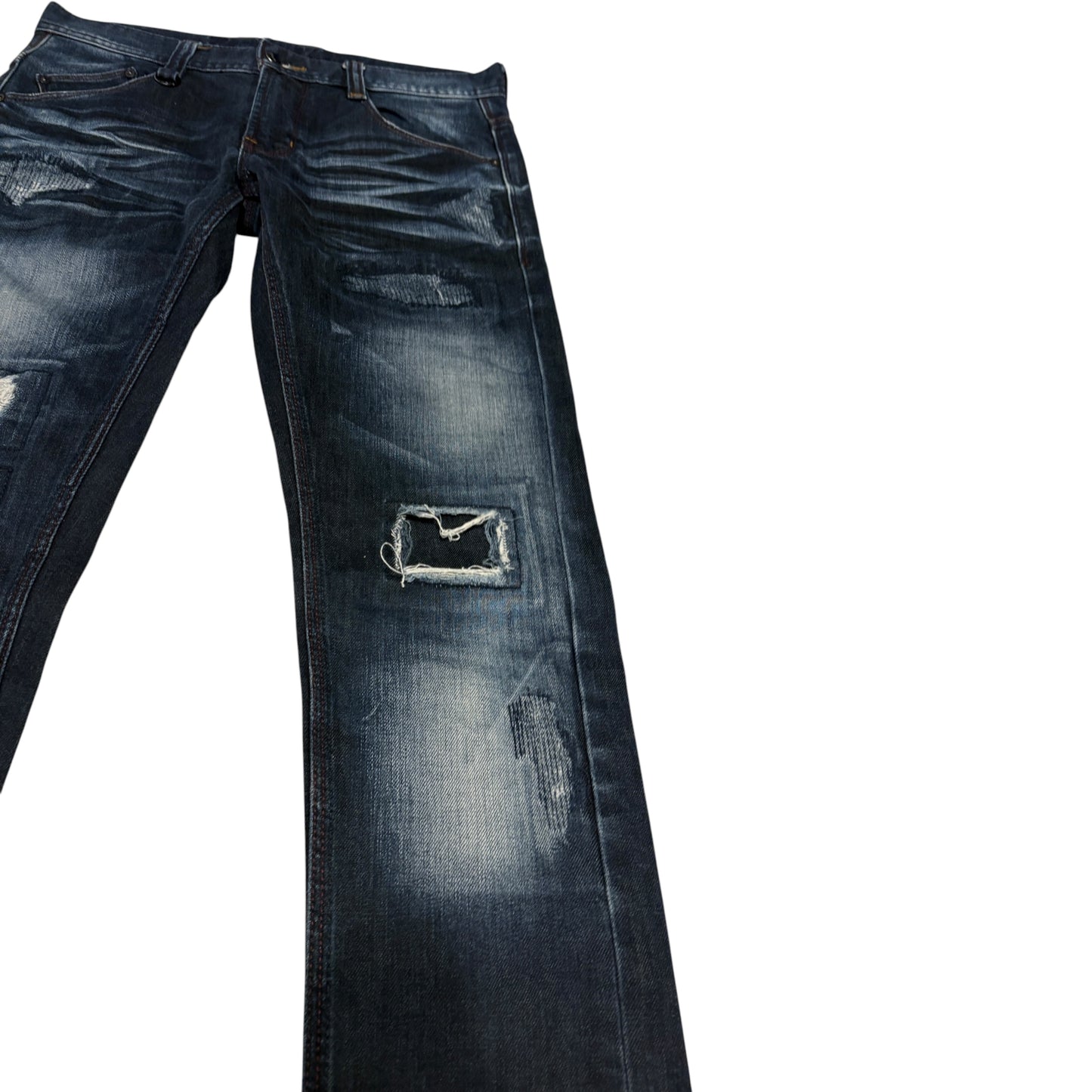 Nicole Club distressed repaired patches dark blue denim jeans