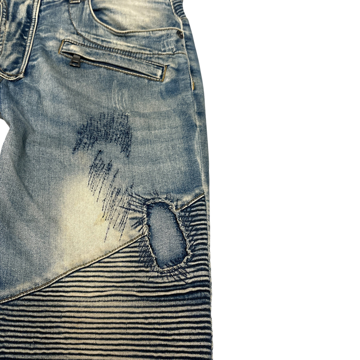 In The Attic lightweight blue distressed biker denim jeans