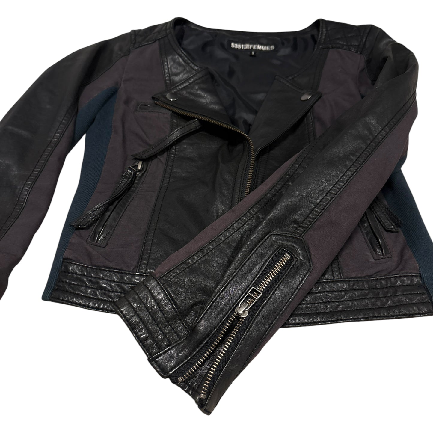 5351 Pour Les Femmes asymmetric cotton ribbed black purple teal lambskin leather jacket