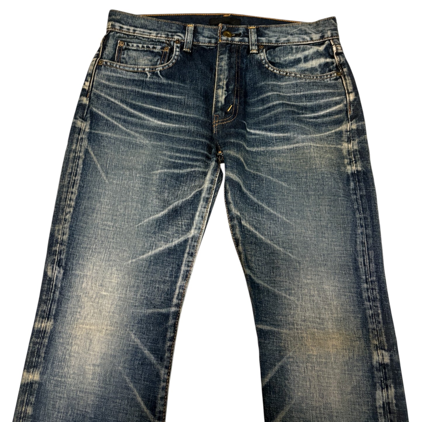 Jun Hashimoto blue fade wash bootcut denim jeans