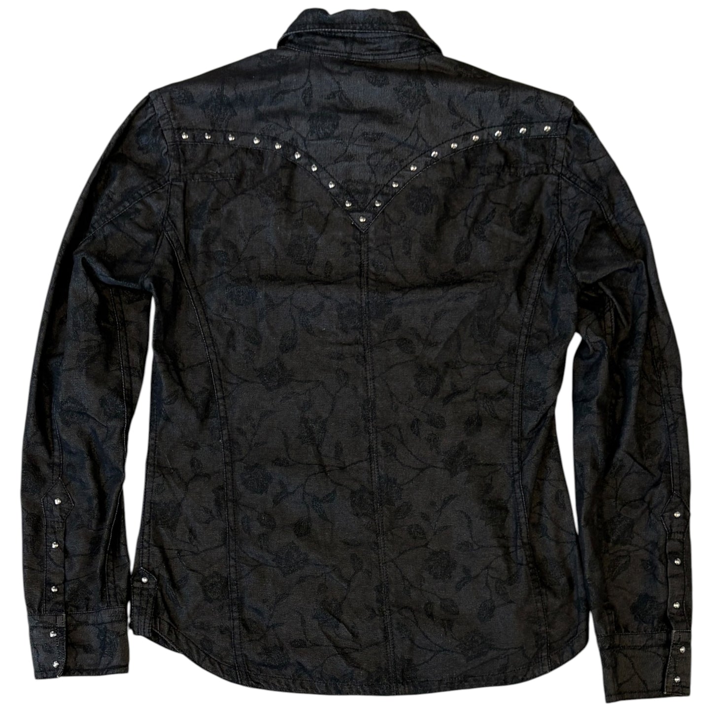 Nicole Club black floral print denim longsleeve shirt jacket w/ pyramid stud detailing