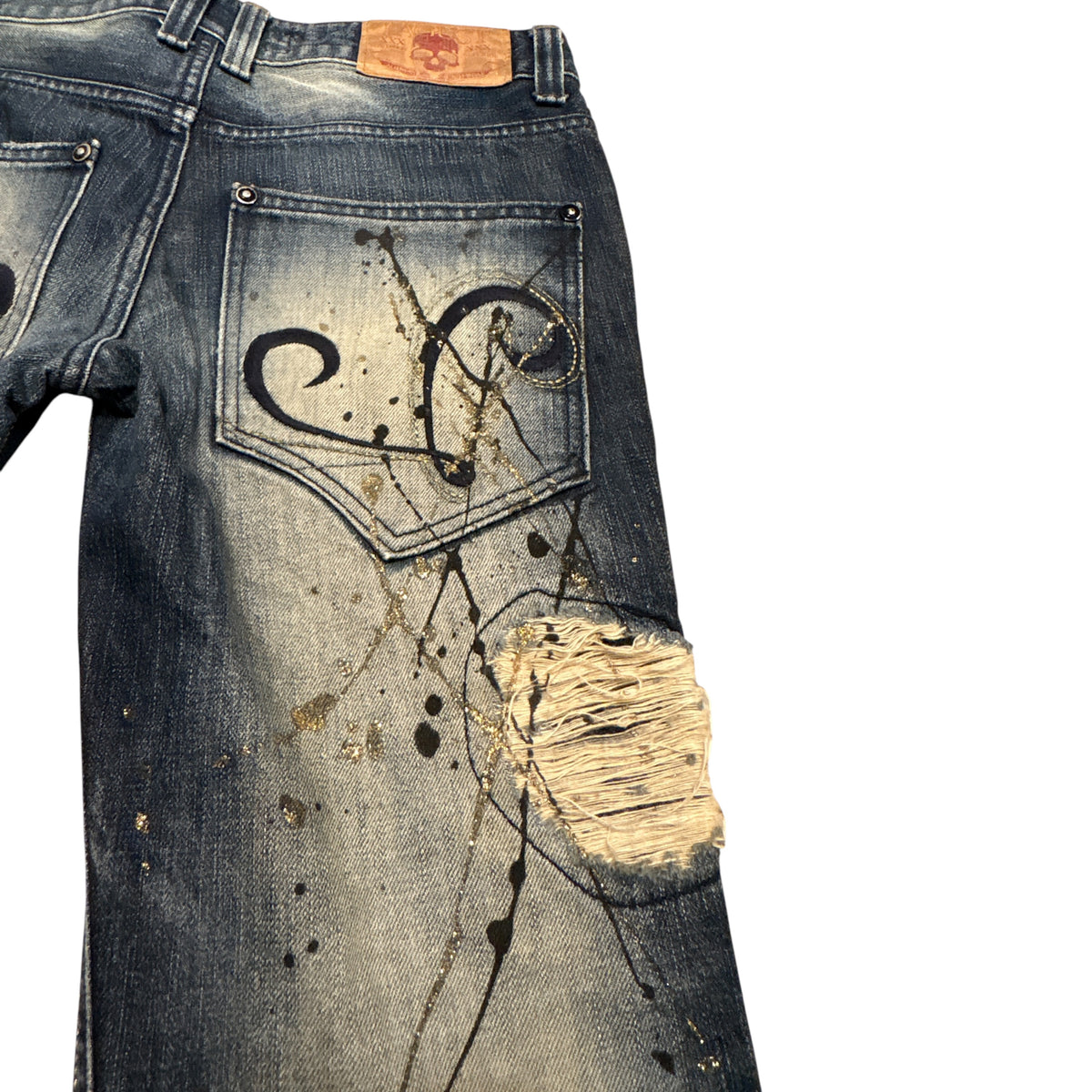 Lagust blue distressed painted bootcut jeans