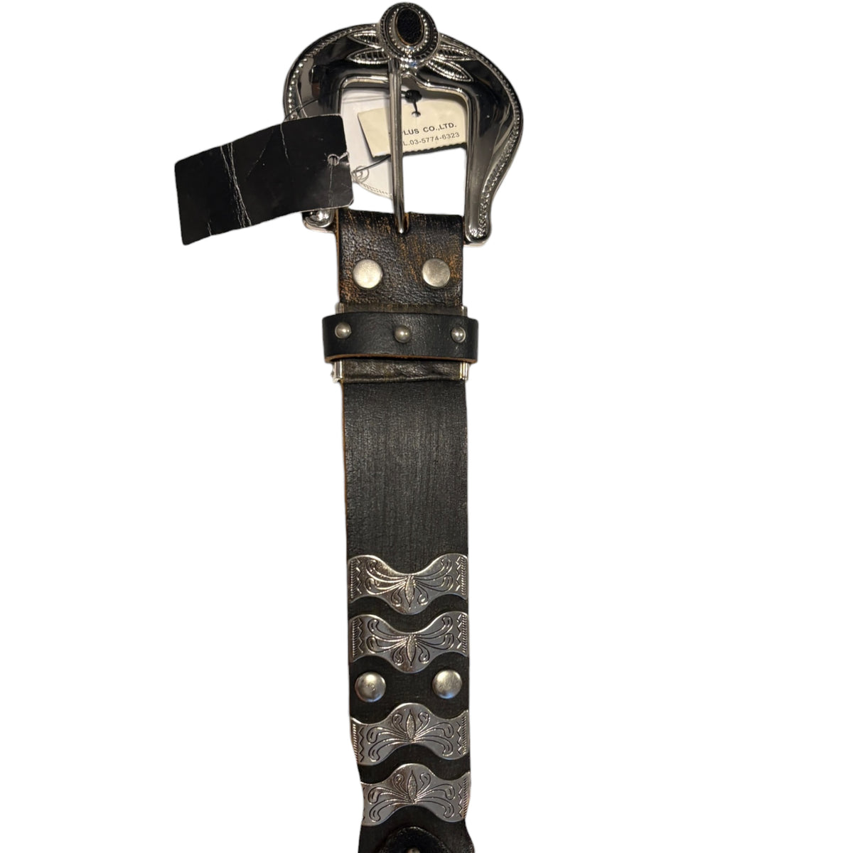 Japanese brand Diavlo studded western cowboy style leather belt w/ metal engravings