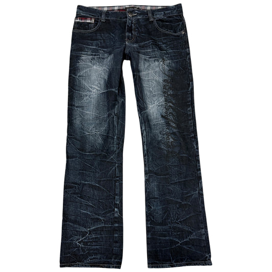 Japanese brand navy honeycomb wash gradient straight leg denim jeans