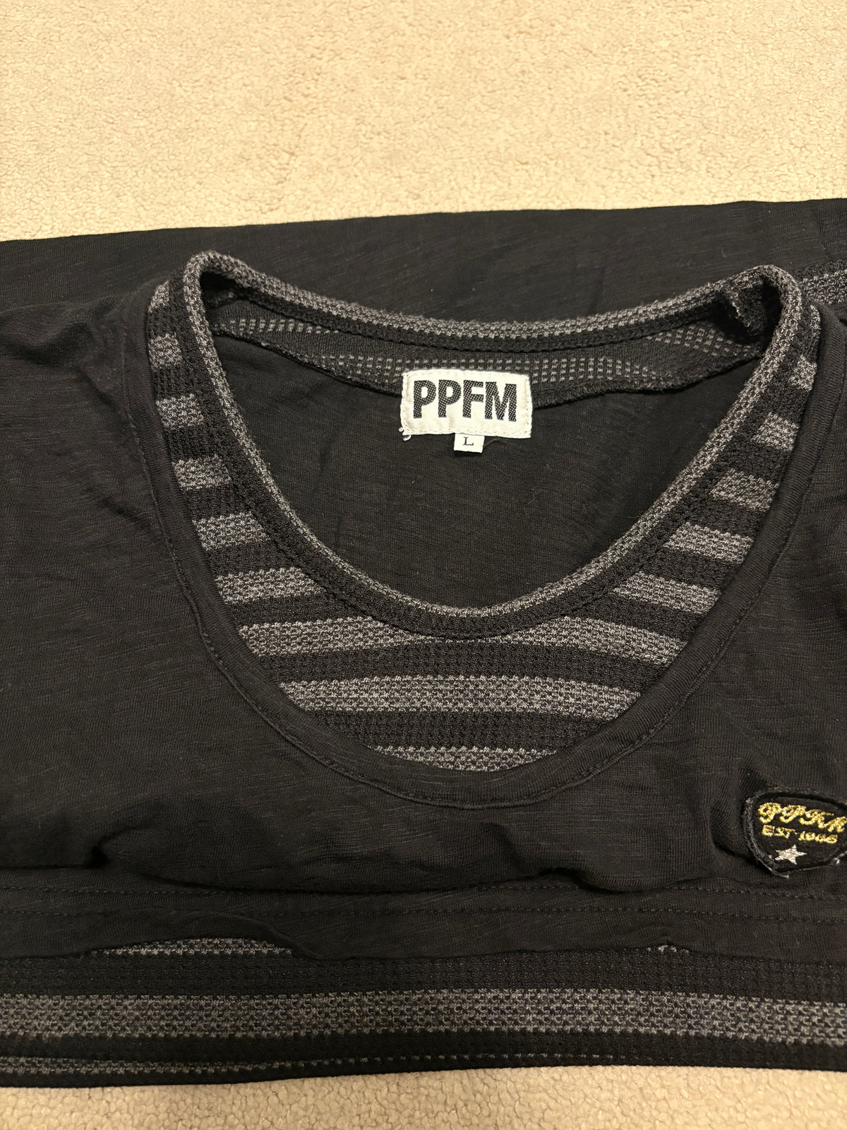 PPFM black layered striped black T-shirt w/ embroided badge