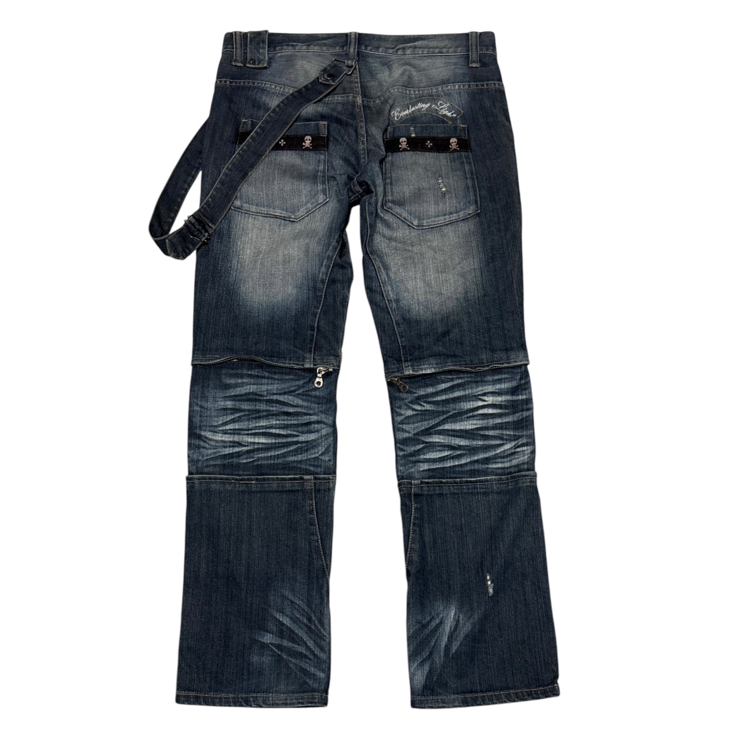 PPFM harness strap multizip embroided whiskered denim jeans