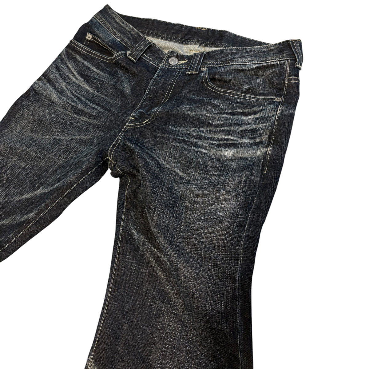 Japanese brand navy whiskered straight leg streaked denim jeans