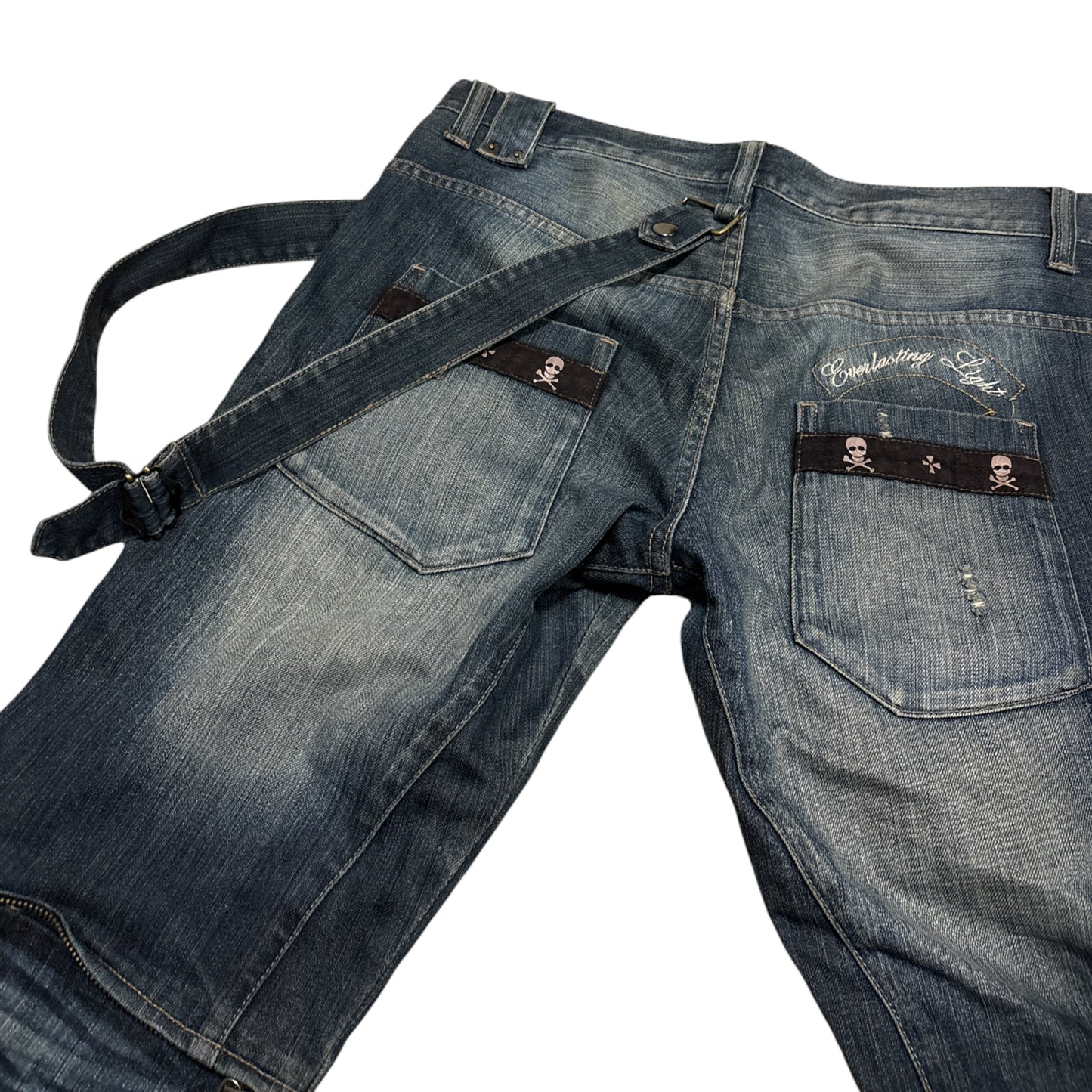PPFM harness strap multizip embroided whiskered denim jeans