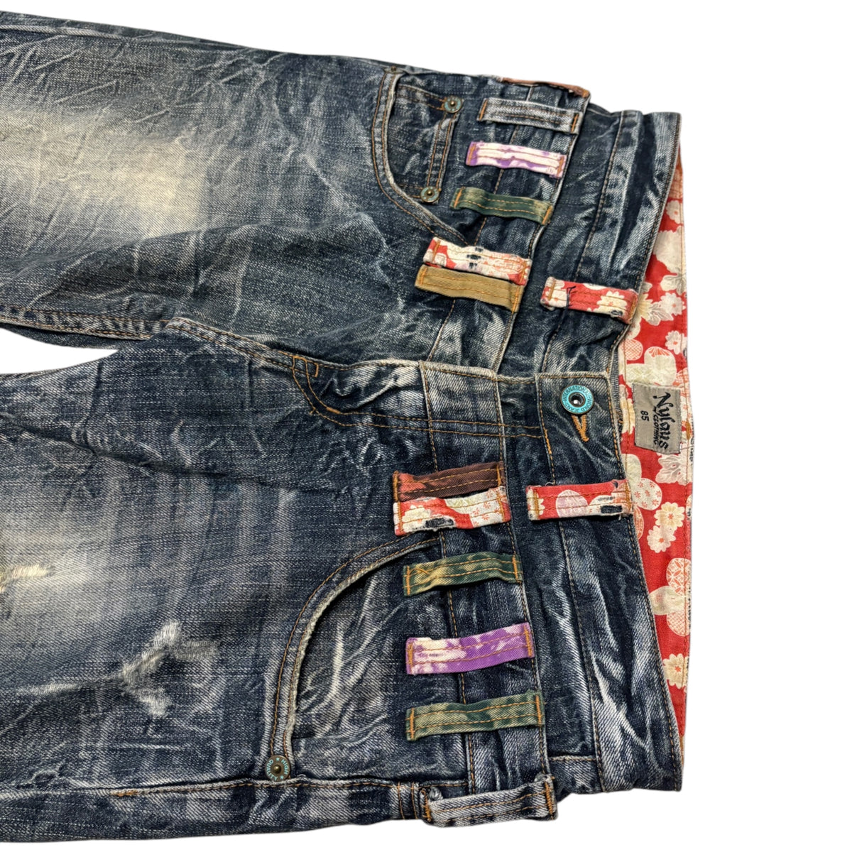 Japanese brand blue grey double waisted cherry blossom floral design belt loops denim jeans