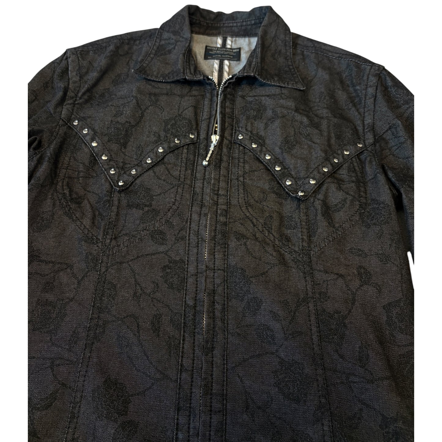 Nicole Club black floral print denim longsleeve shirt jacket w/ pyramid stud detailing