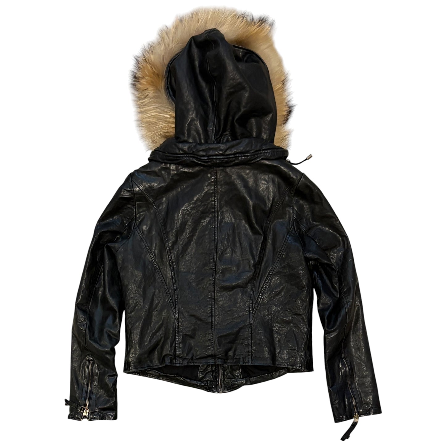 Goa black lambskin leather flight jacket w/ raccoon fur hood