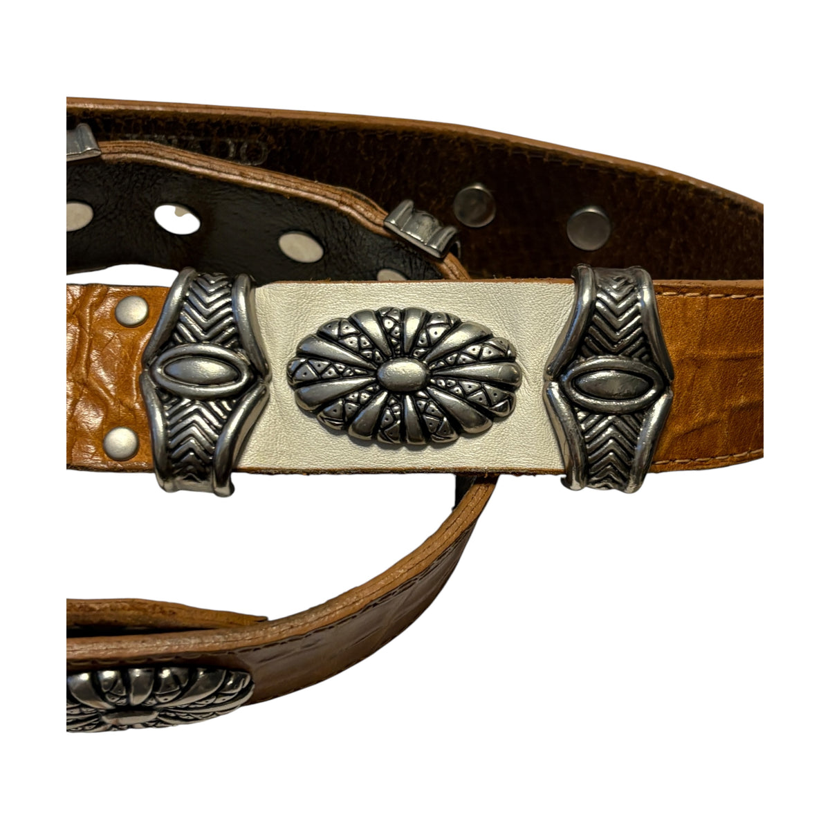 Tornado Mart brown embossed  leather belt w/ metal engraving and white leather detailing