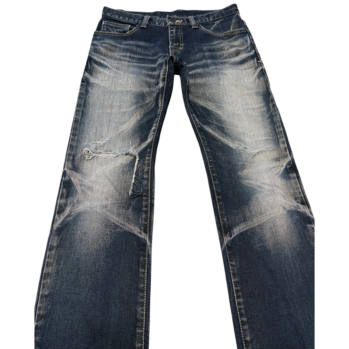 Tornado Mart blue streaked gradient wash distressed denim jeans