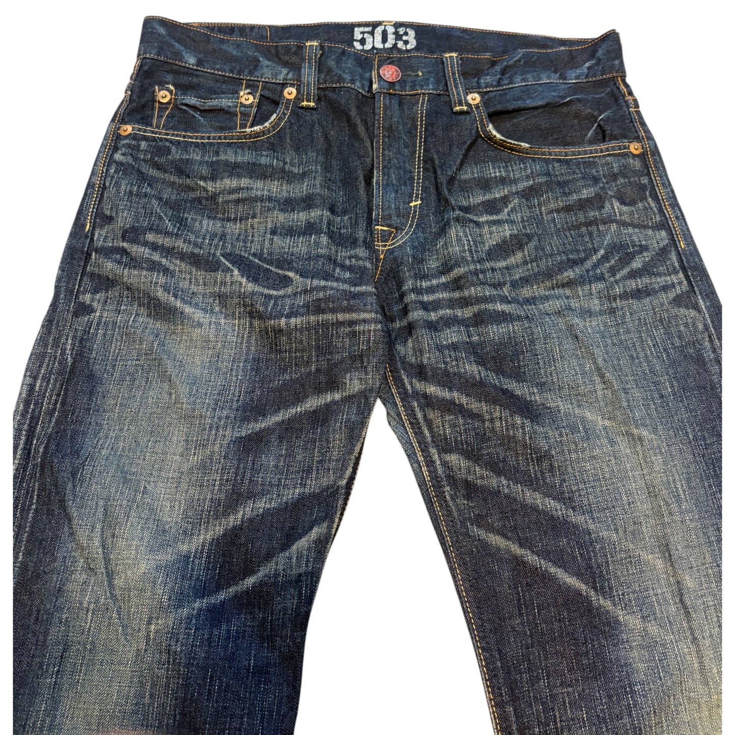 Edwin 503 blue navy dark gradient wash bootcut denim jeans