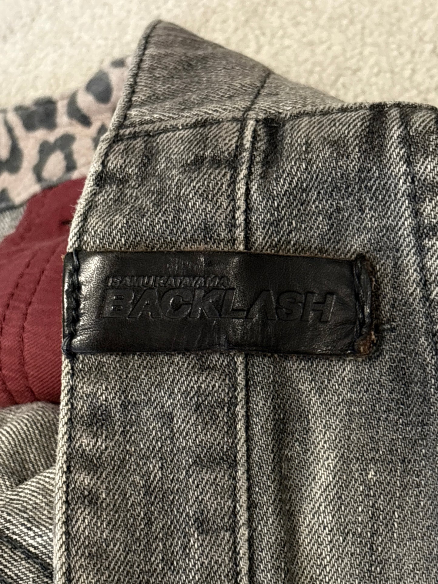 Isamu Katayama Backlash grey whiskered leopard print bootcut denim jeans