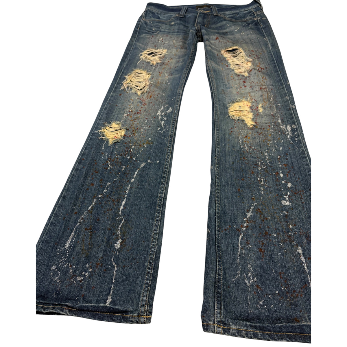 Xfrm blue distressed bootcut denim painted shine effect jeans