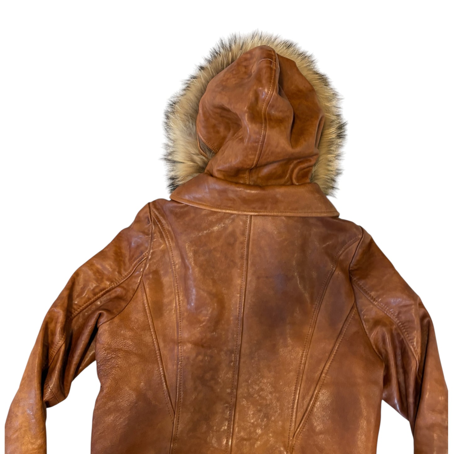Goa tan lambskin leather flight jacket w raccoon fur hood