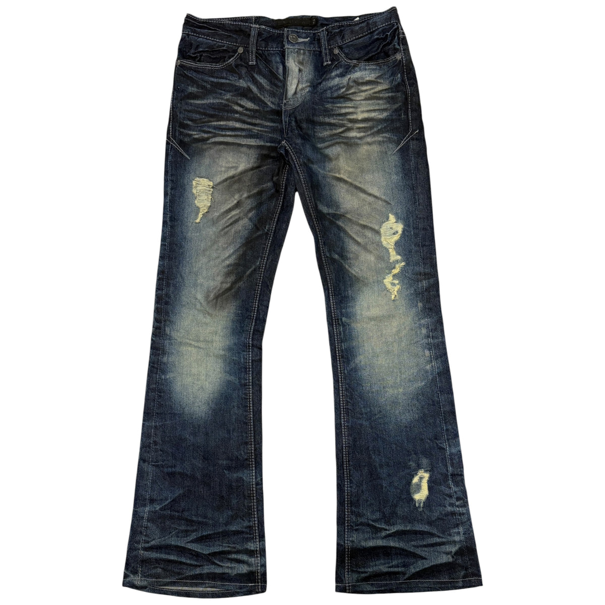 Fuga claw mark navy fade wash whiskered bootcut denim jeans