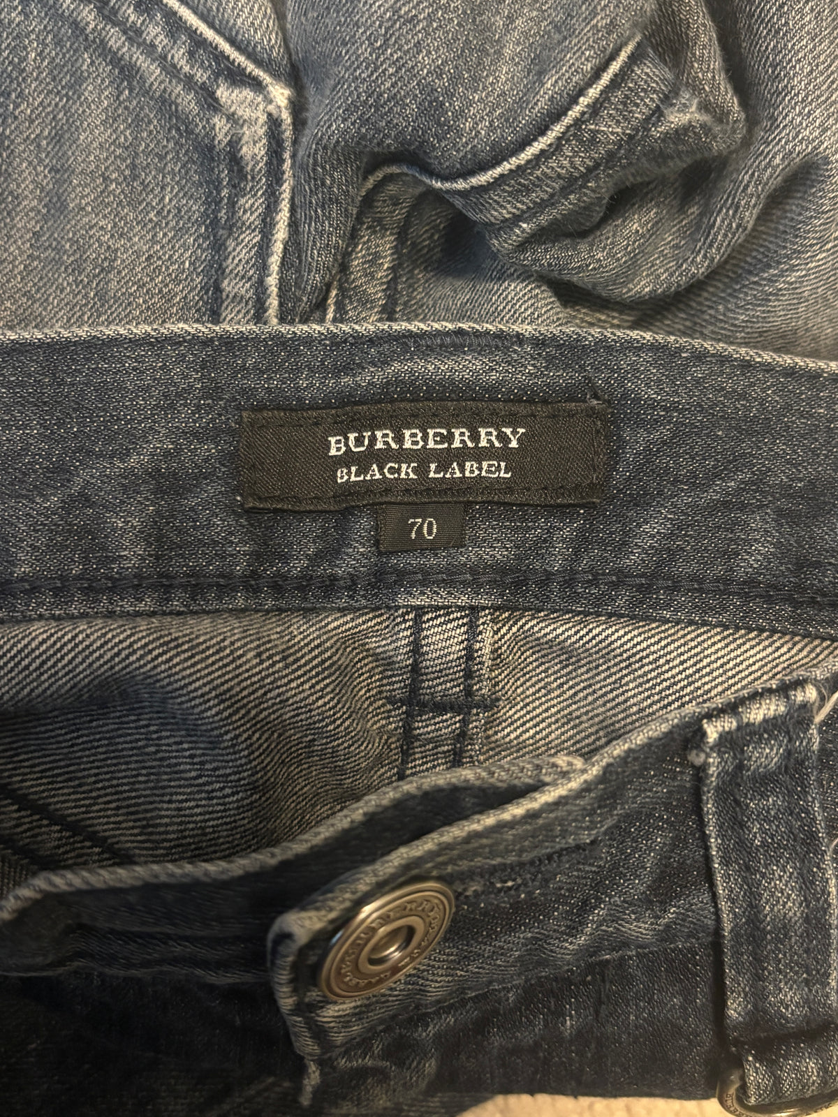 Burberry Black Label blue grey fade wash streaked distressed straight denim jeans