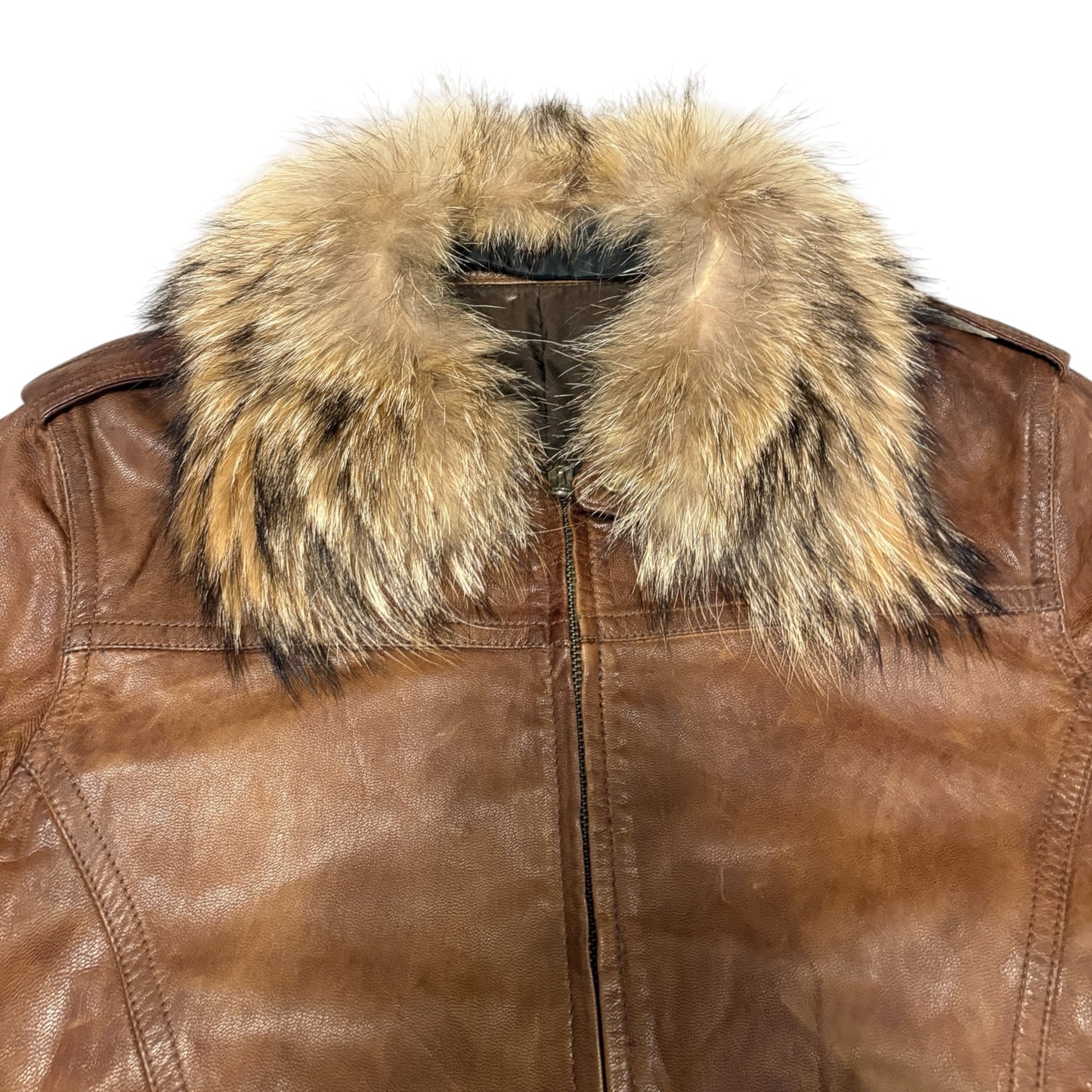 Tete Homme brown goat leather jacket w zips & removable belt & raccoon fur collar