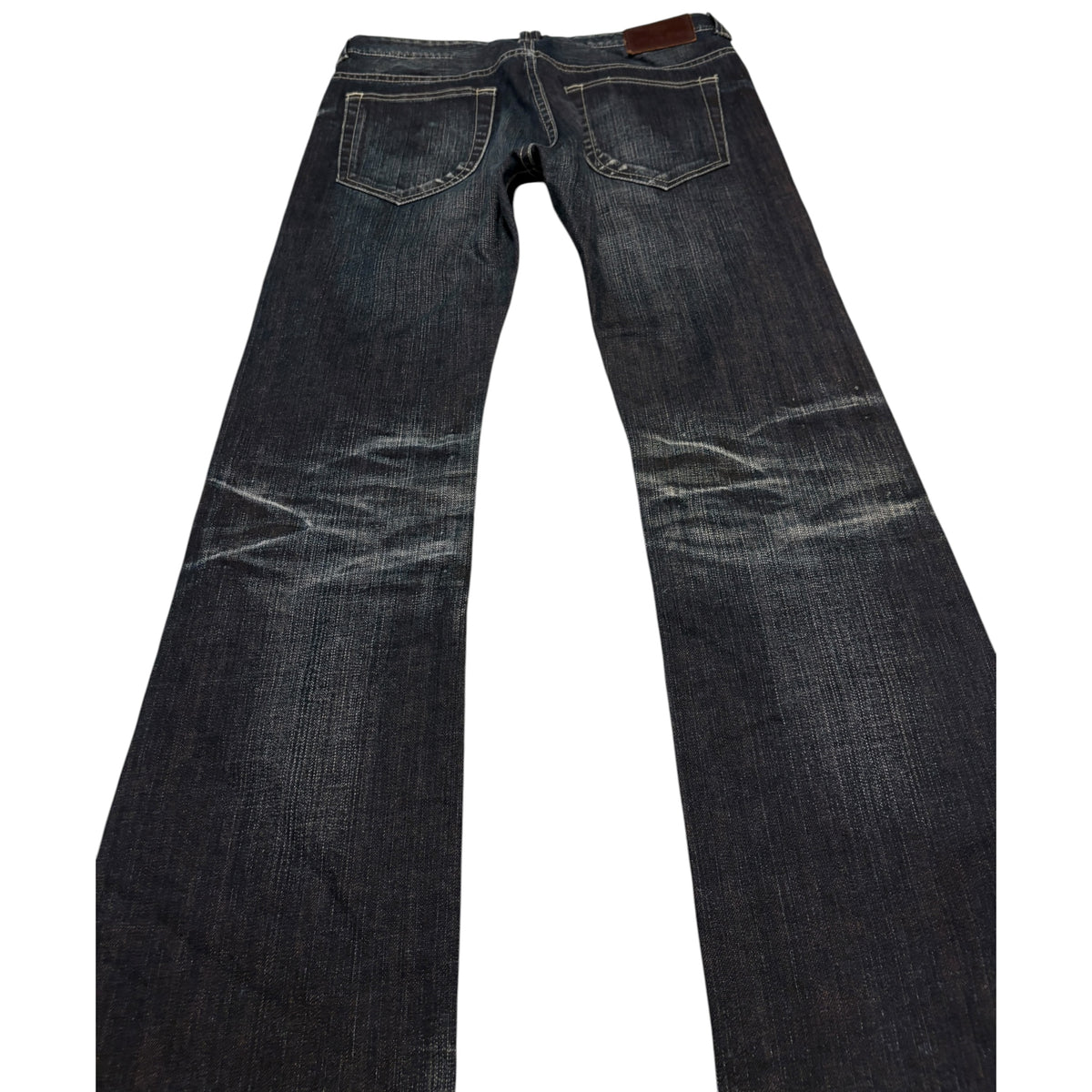 Japanese brand navy whiskered straight leg streaked denim jeans