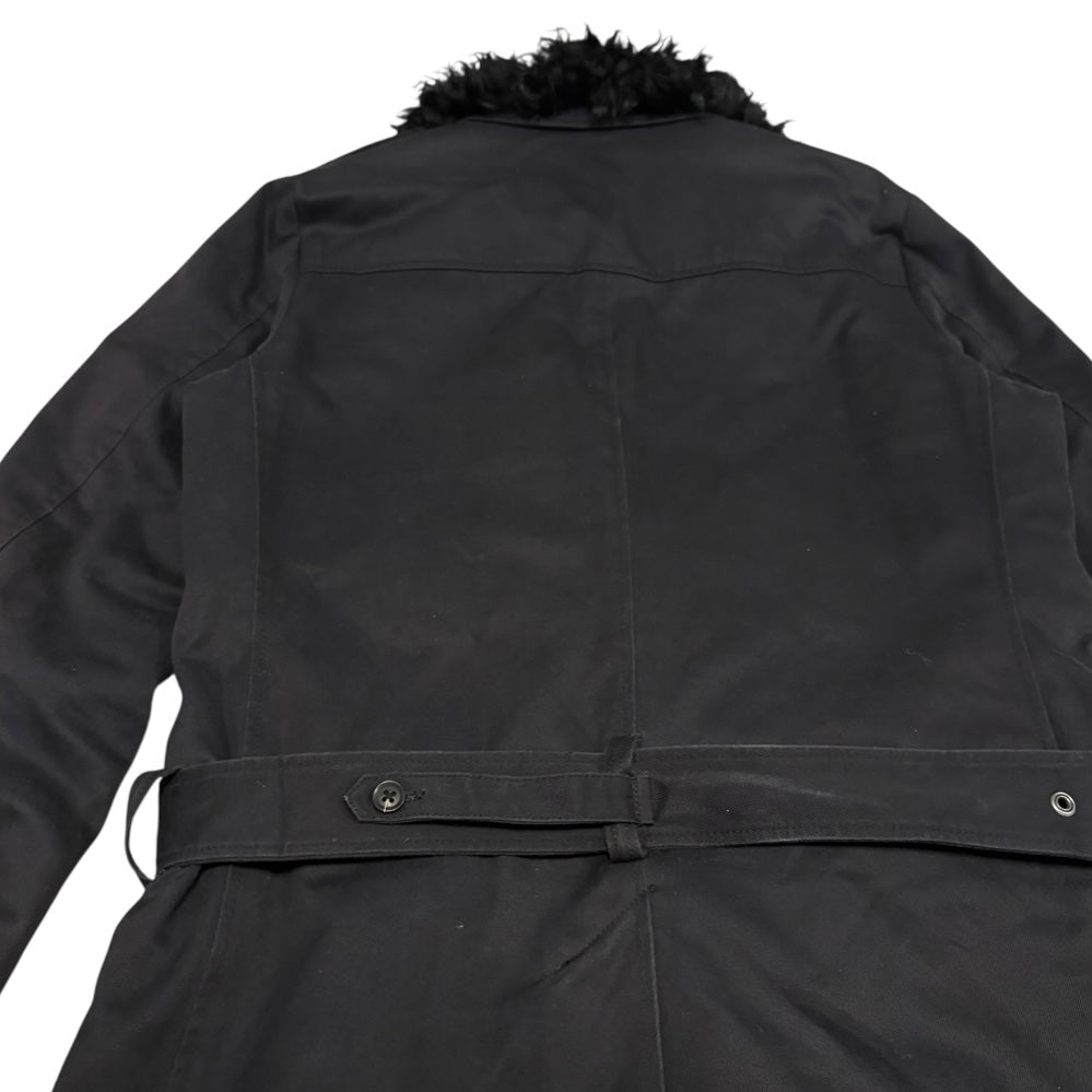 5351 Pour Les Hommes black fur collared belted light denim trench coat