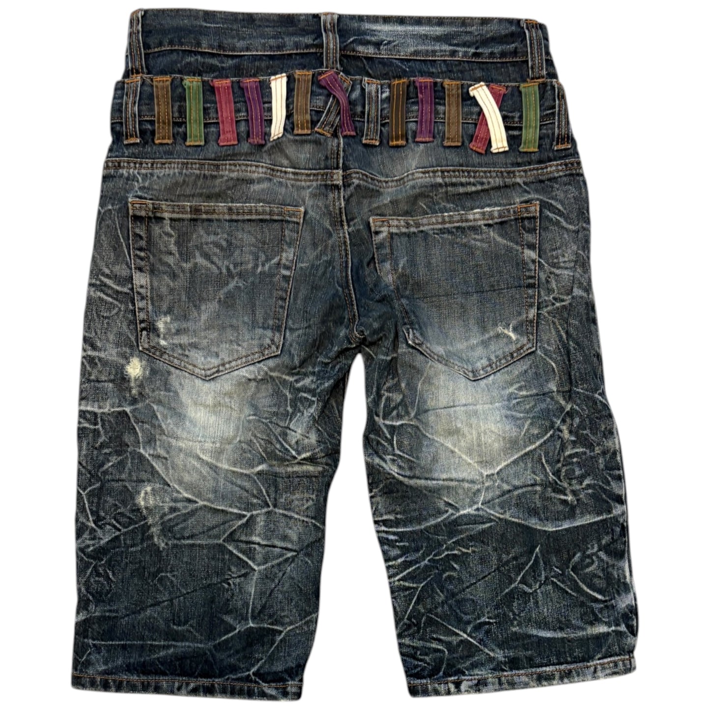 Japanese brand double waisted distressed whiskered denim jorts w/ multicolour belt loops