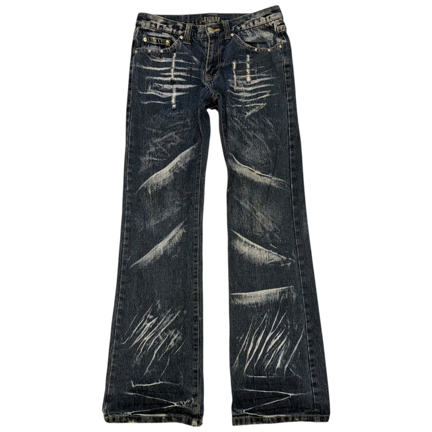 Lowbox streaked painted navy bootcut denim jeans