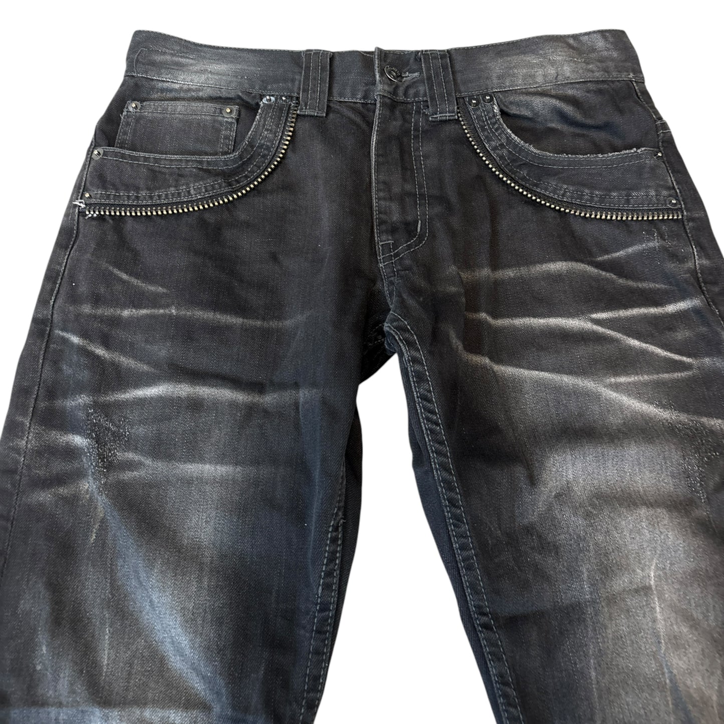 Semantic Design metal skull belt streaked whiskered denim jeans