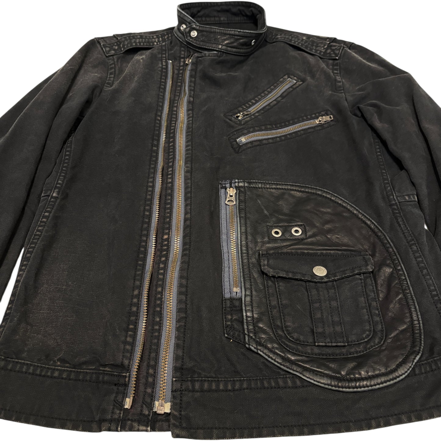 Avirex asymmetric multizip leather pocket denim jacket