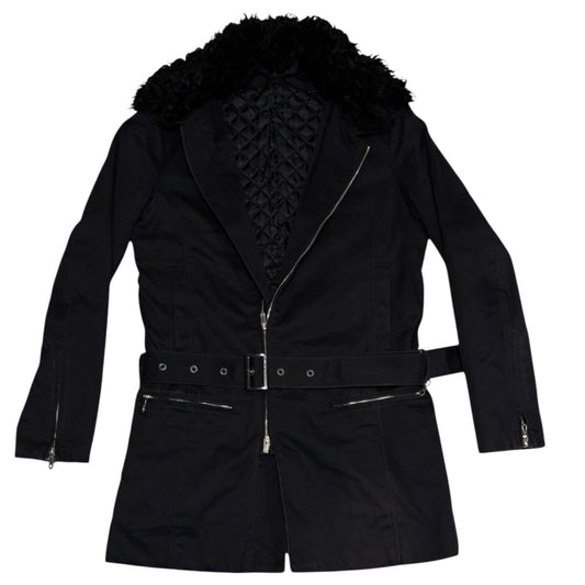 5351 Pour Les Hommes black fur collared belted light denim trench coat