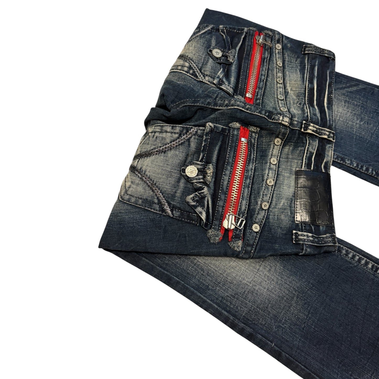 Japanese brand blue fade wash bootcut denim jeans