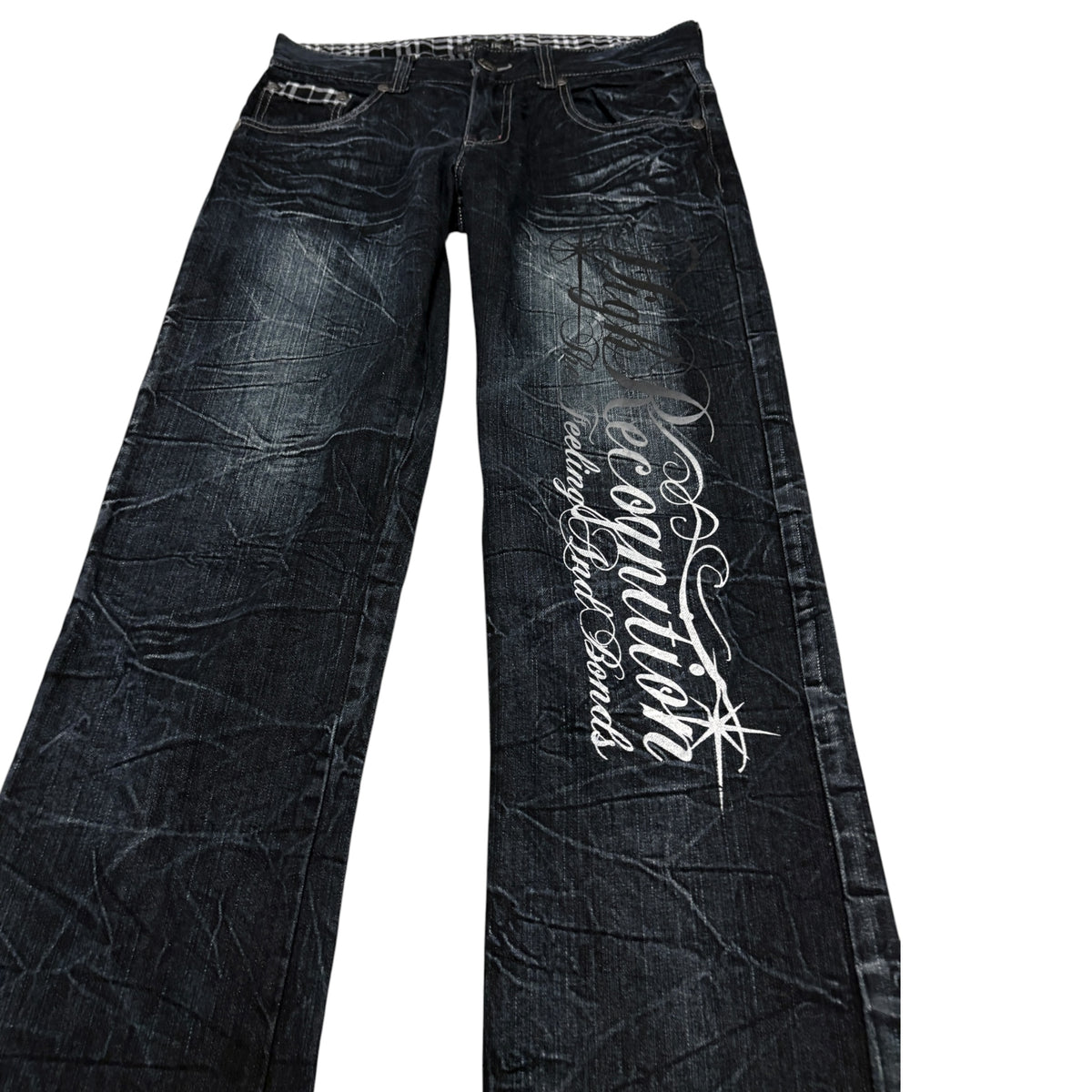 Japanese brand navy honeycomb wash straight leg jeans w/ tartan check detailing