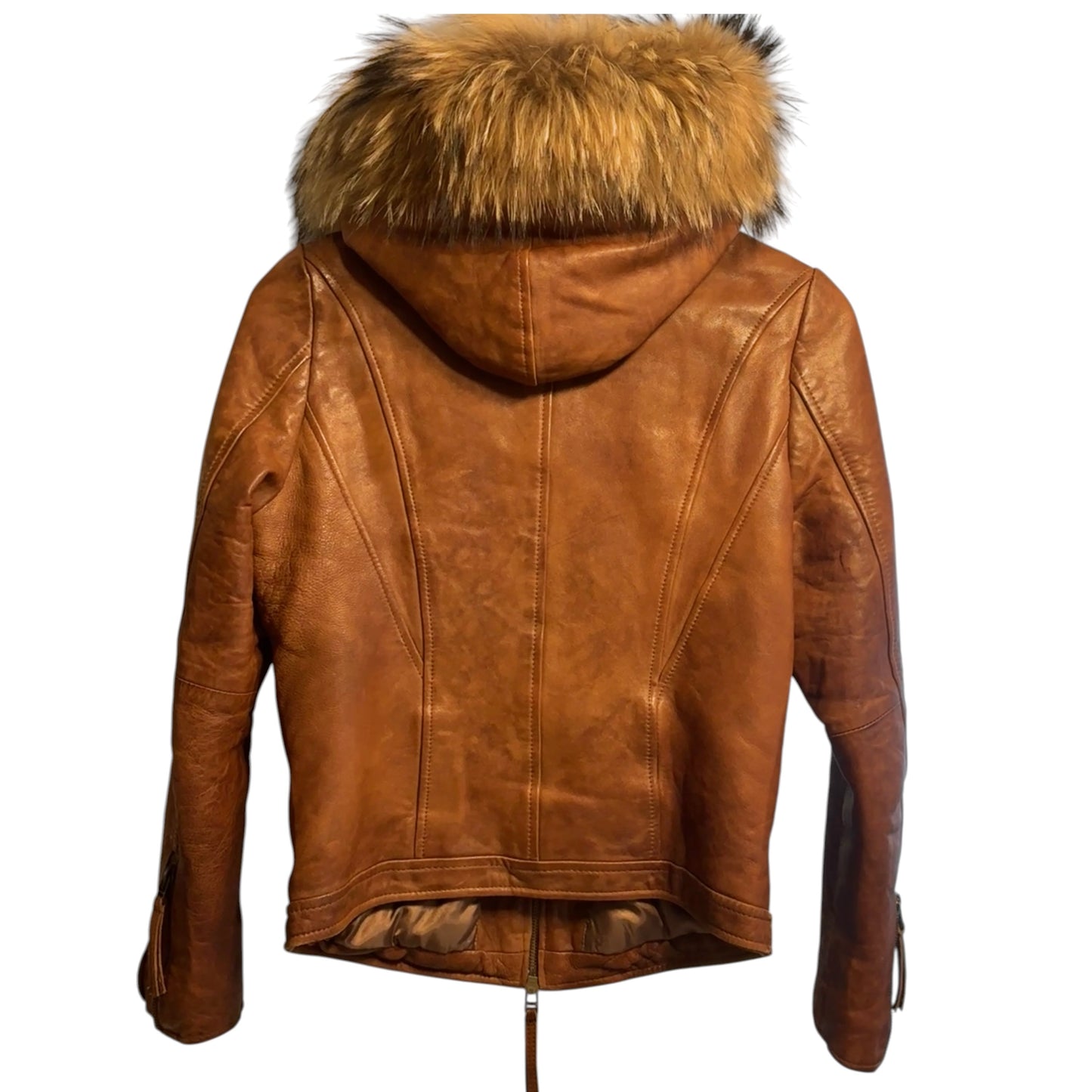 Goa tan lambskin leather flight jacket w raccoon fur hood