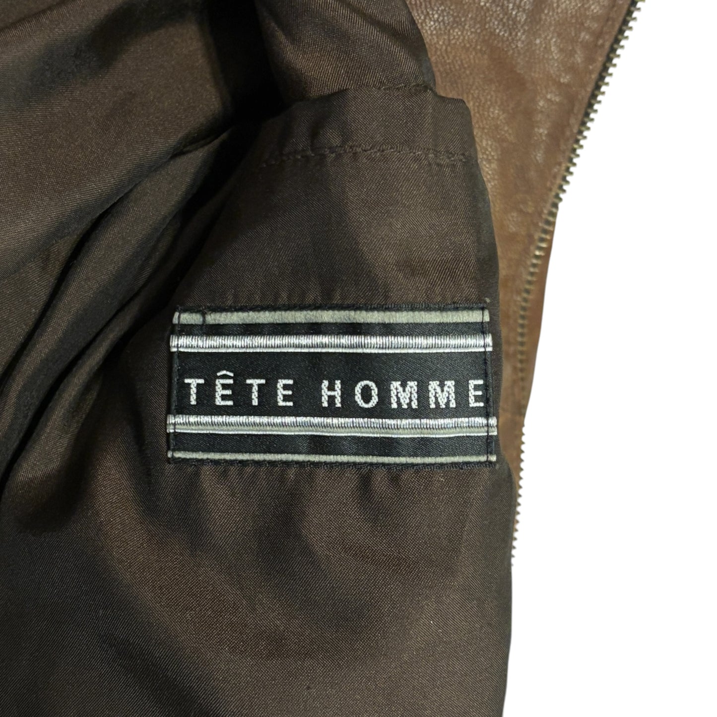 Tete Homme brown goat leather jacket w zips & removable belt & raccoon fur collar