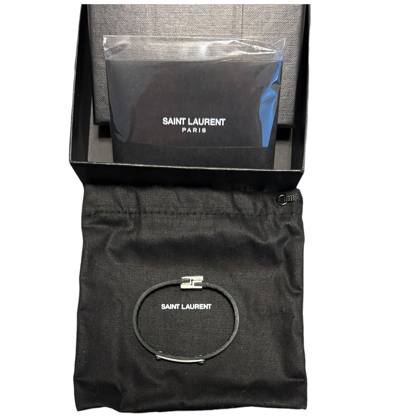 Saint Laurent old season leather wrap bracelet w metal engraving
